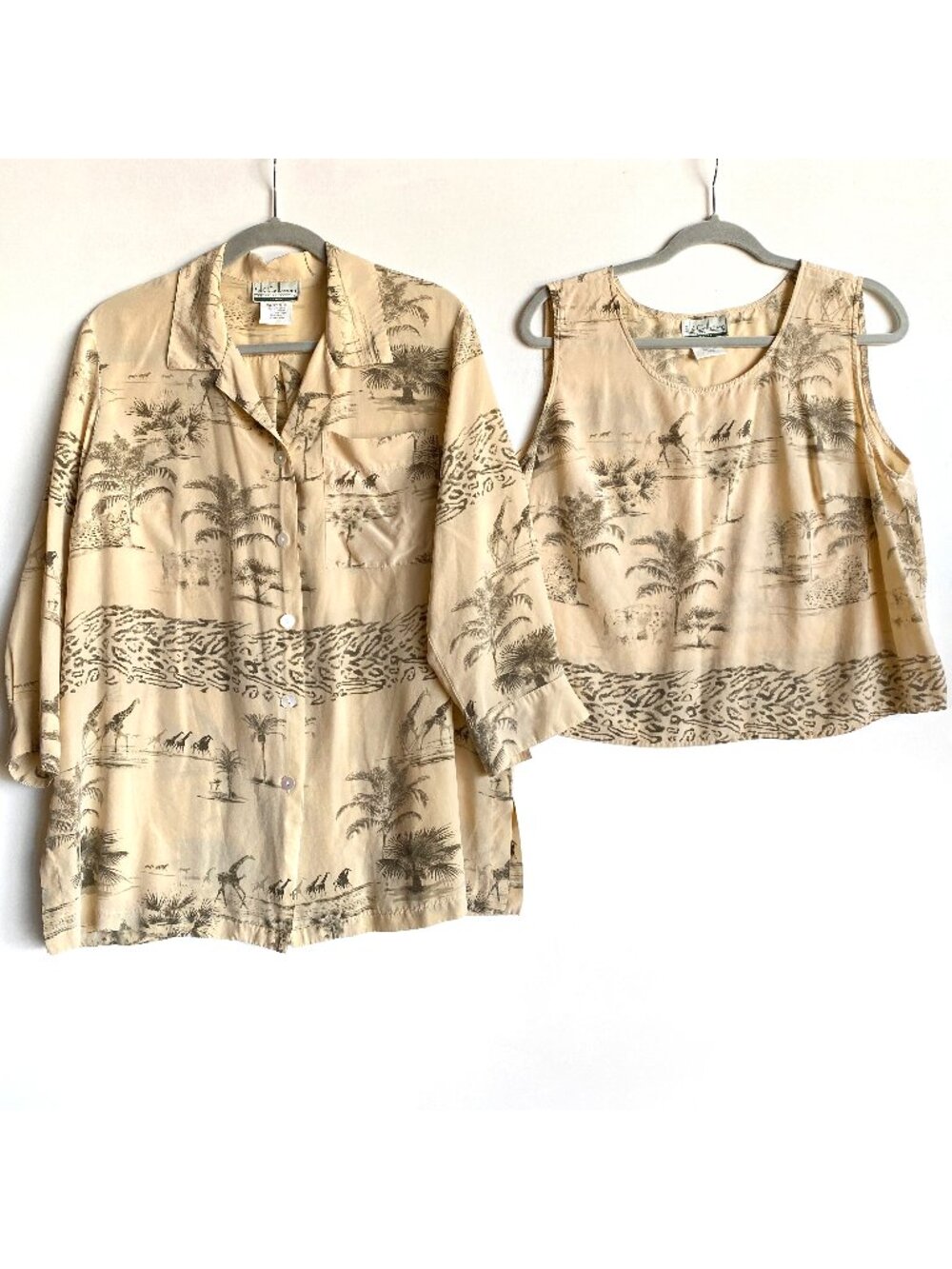 Vintage Silk Collection 2 Pc Silk Safari Print Blouse Tank Set Womens 16W Beige
